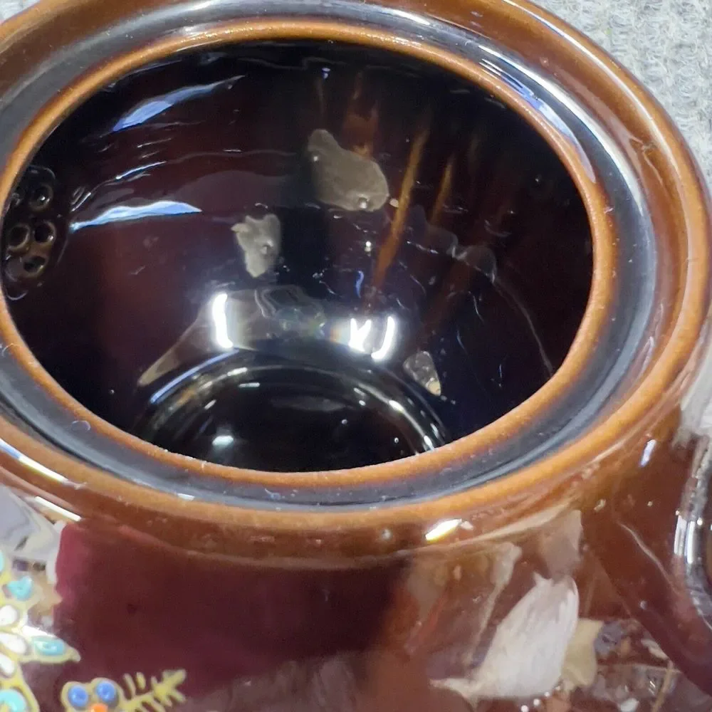 Redware Teapots Dark Brown HandPainted  Moriage Enamel Floral Japan Set Of 2 VTG